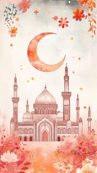 mosque illustration with crescent moon and floral details, cultural heritage concept.