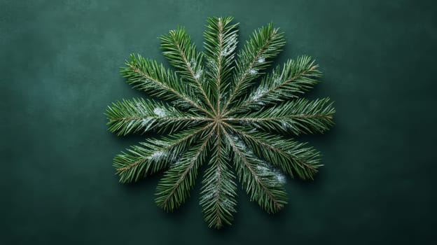 Pine branch snowflake on green background, winter nature art. Seasonal holiday decoration concept.