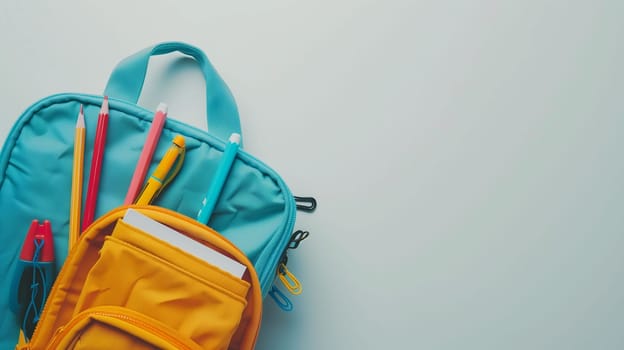 A bright blue and yellow backpack is opened, revealing an assortment of school supplies including pens, pencils, and a notebook. The items are neatly organized inside, showcasing vibrant colors against the clean, white backdrop. This arrangement highlights the preparedness for a new school day.