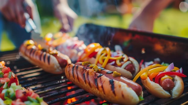 Juicy hot dogs sizzle on a grill, surrounded by vibrant bell peppers and onions, as friends gather around enjoying the summer sun. The aroma of grilled food fills the air, creating a festive atmosphere perfect for socializing and outdoor fun.