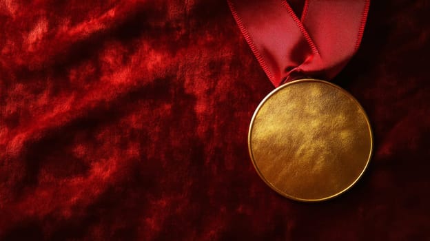 Gold medal with red ribbon on velvet background.