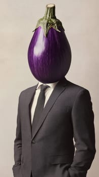 Eggplant head in a formal suit, surreal portrait. Conceptual humor and creativity in art.