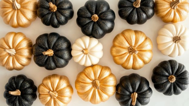 Decorative pumpkins in black, gold, and white on a white background, autumn and festive decor concept.