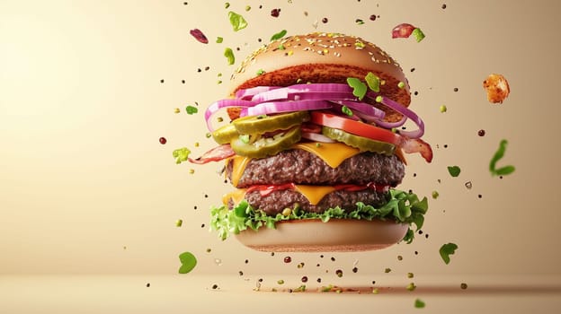 A hamburger hovers against a neutral background, showcasing layers of meat, cheese, vegetables, and condiments.