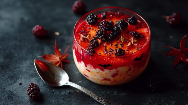 Spooky halloween themed desserts and drinks are arranged on a rustic wooden table, illuminated by the warm glow of candlelight, creating a festive atmosphere