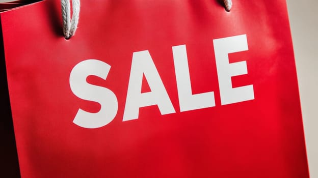 Red shopping bag with sale text in white, retail discount concept.