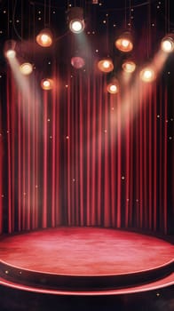Red stage with spotlight illumination and curtains, theatrical ambiance. Performance and entertainment concept.