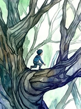 Watercolor painting of a young boy exploring the twisted branches of a large tree