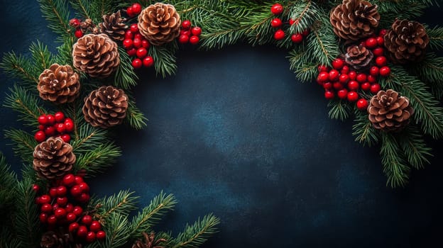 Christmas wreath with pine cones and berries on dark background, festive holiday decoration concept.