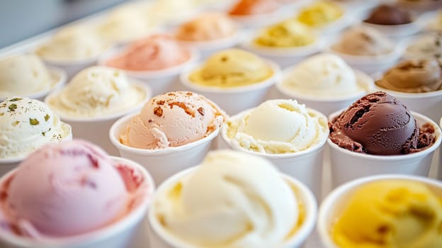 Colorful cups of various ice cream flavors are arranged neatly, inviting customers to choose their favorites.