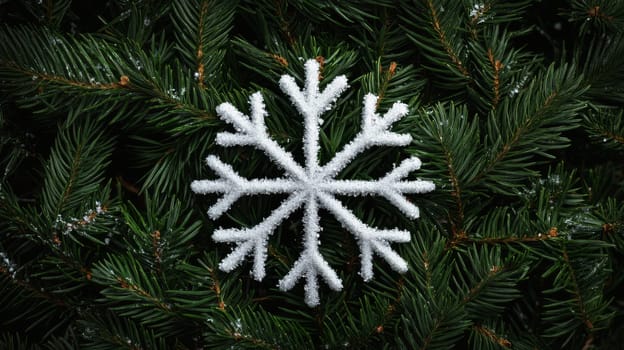 White snowflake ornament on green pine branches, winter holiday decoration concept.