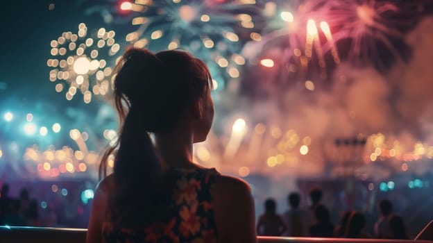 A young woman watches in awe as vibrant fireworks light up the night sky during a bustling summer festival. The colors burst above, illuminating the faces of the crowd gathered below, creating a magical atmosphere filled with joy and excitement.