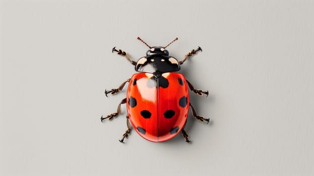 A vibrant red ladybug is crawling across a smooth light gray surface, showcasing its distinctive black spots and glossy shell. The tiny insect explores its surroundings with delicate movements, emphasizing the detail in its features.