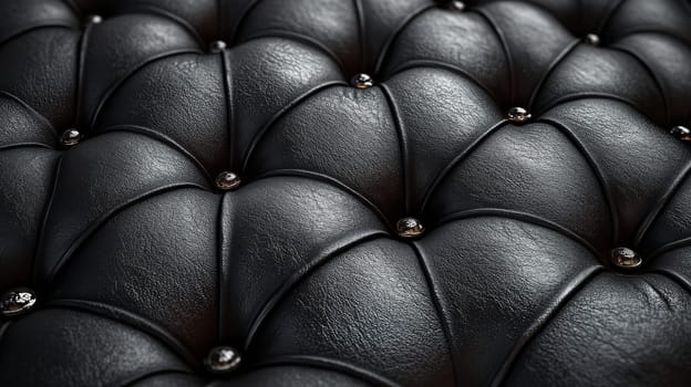 Close-up of black leather upholstery with buttons, macro texture. Luxury interior design concept.