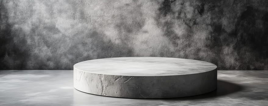 Round gray stone pedestal with textured background, minimalist product display concept.