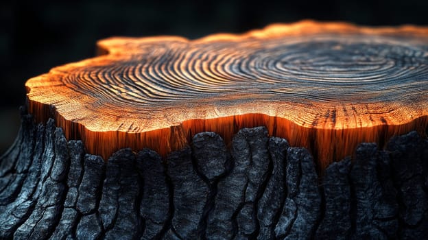 Glowing tree stump with detailed rings, close-up view. Nature's resilience and beauty concept.