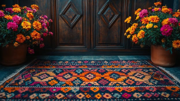 Colorful patterned rug with vibrant flower pots in front of wooden door.