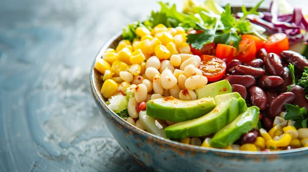 A vibrant salad bowl filled with an assortment of fresh ingredients, including corn, kidney beans, cherry tomatoes, avocado, and leafy greens, beautifully arranged on a rustic surface. The natural colors and textures create an appealing and nutritious meal.