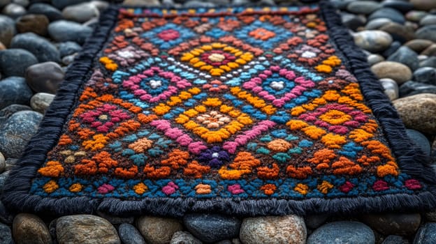 Colorful woven rug on pebbled surface, vibrant decor concept.