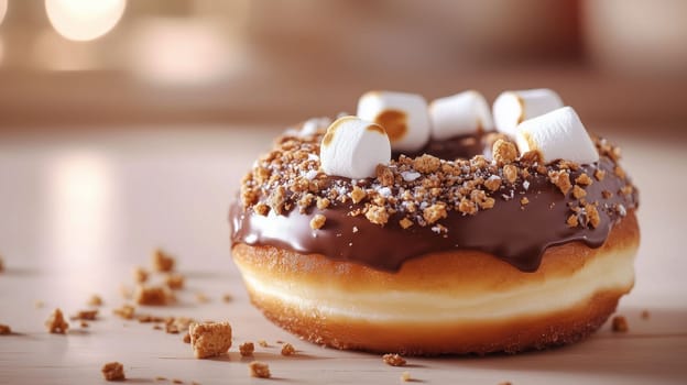 A decadent donut features a chocolate frosting topped with crushed graham crackers and mini marshmallows, presented on a wooden surface with some crumbs scattered around.