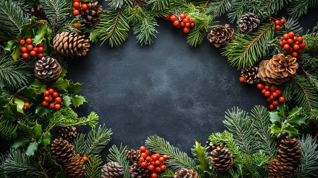 Christmas wreath with pine cones and berries on dark background, festive decoration. Holiday season concept.