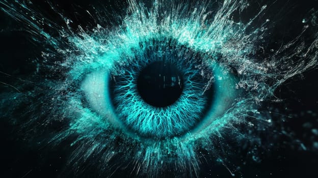 Vibrant blue eye exploding with energy in abstract design.