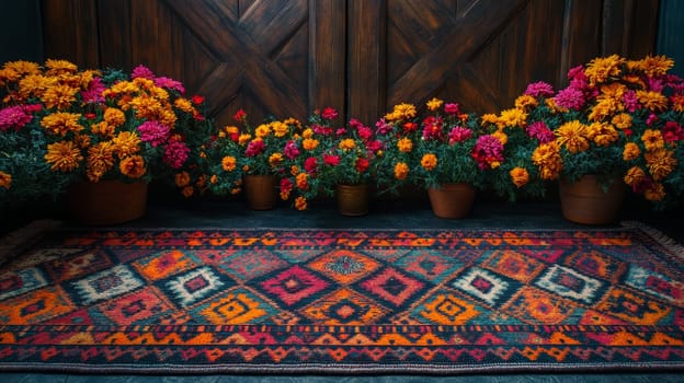 Colorful geometric patterned rug with pots of vibrant flowers against wooden background.