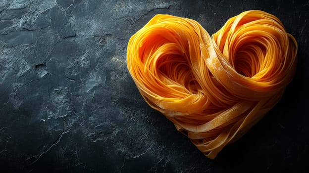 Heart-shaped pasta on dark stone background, culinary art concept.