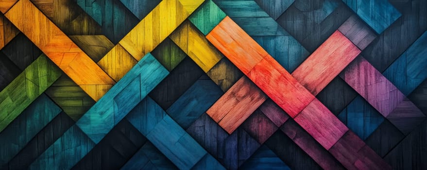 Colorful geometric abstract pattern with wooden texture, vibrant design concept.