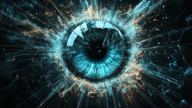 Abstract close-up of a blue eye with electric energy burst effect.