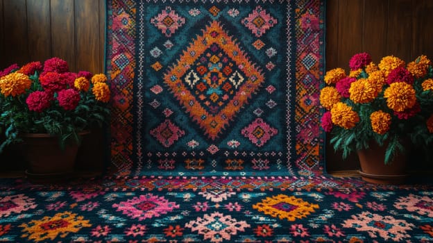 Bohemian rug with vibrant floral pattern, cozy home decor concept.