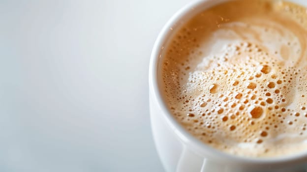 A freshly brewed cup of creamy coffee rests on a bright surface, displaying a frothy layer on top. The warm beverage invites a sense of comfort and relaxation, perfect for enjoying during a quiet morning at home.