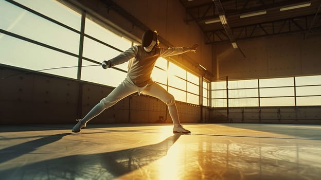 A fencer lunges with precision, showcasing skill and determination, as the sun sets, illuminating the training hall with warm light. The athlete wears traditional gear, embodying the spirit of competition and commitment.