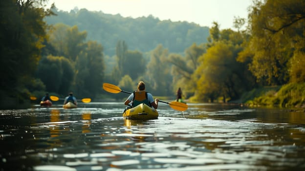 Participants navigate their kayaks through calm waters during a peaceful afternoon on the river. The sunlight filters through the trees, reflecting on the water's surface and creating a picturesque landscape.