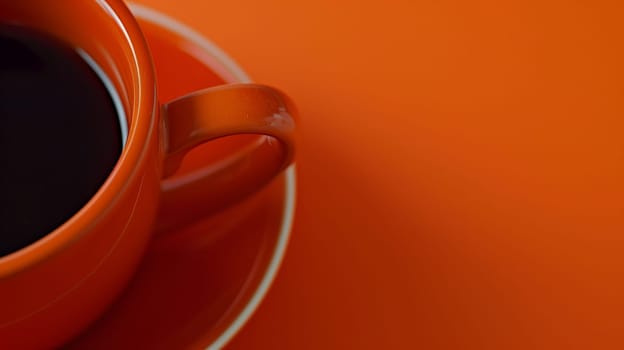 A steaming cup of dark coffee rests on a bright orange saucer, surrounded by an equally vibrant orange backdrop. The warm colors evoke a sense of comfort and energy, perfect for a morning ritual.