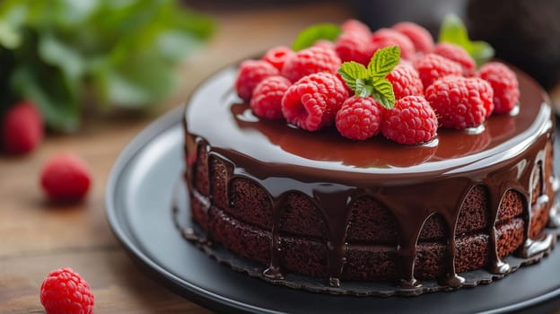 A rich chocolate cake sits on a black plate, adorned with plump raspberries and fresh mint leaves, offering a delightful dessert presentation, perfect for any festive occasion.