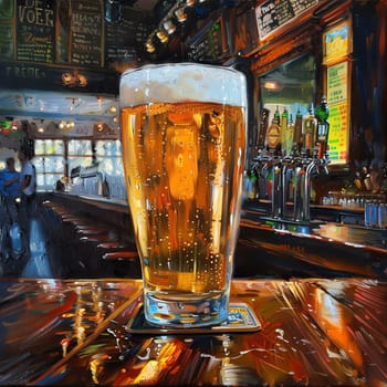 A glass of beer sits on a coaster on a bar counter. A bar scene with a few people in the background. The mood of the painting is relaxed and casual