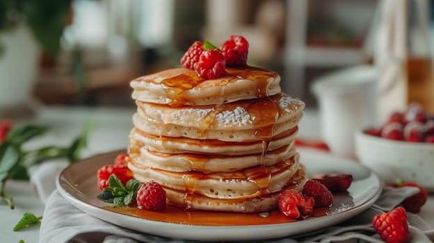 A tall stack of fluffy pancakes sits invitingly on a plate, drizzled with rich maple syrup and garnished with vibrant, fresh raspberries. The setting exudes a warm, cozy atmosphere, ideal for a delightful morning breakfast.
