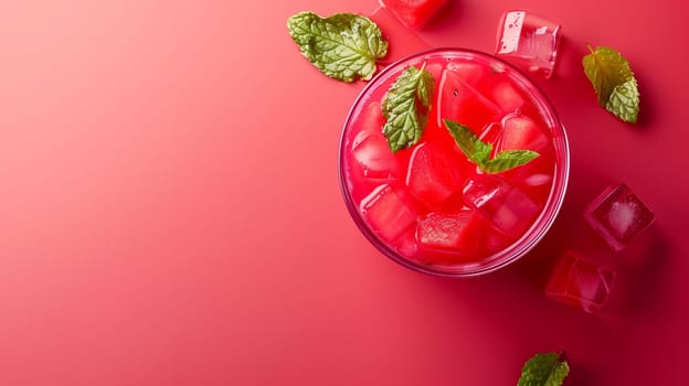 A vibrant pink beverage filled with ice cubes and garnished with fresh mint leaves is presented on a striking red surface. The drink invites a sense of refreshment and summer vibes, showcasing a playful combination of colors and textures.