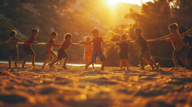 A group of children are engaged in a tug of war on a sandy beach, pulling on a rope with enthusiasm. The sun is setting behind them, casting a warm golden glow over the scene. Laughter and excitement fill the air as the ocean waves gently lap at the shore.
