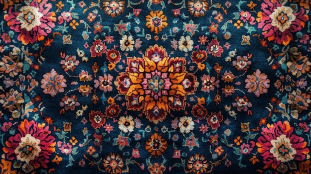 Intricate floral pattern on a vibrant traditional Persian rug, colorful home decor concept.