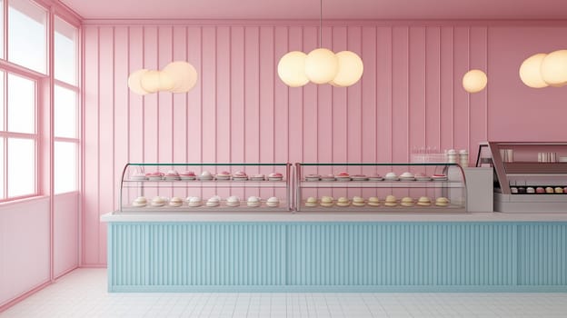 A colorful bakery features pastel-colored walls and display cases showcasing an array of desserts under soft pendant lighting.