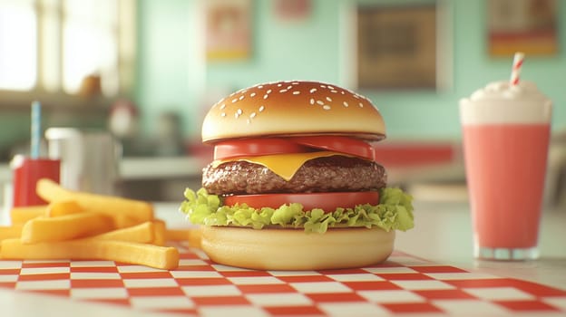 A delicious cheeseburger with lettuce, tomato, and cheese on a sesame seed bun alongside crispy fries and a pink milkshake in a vibrant diner atmosphere.