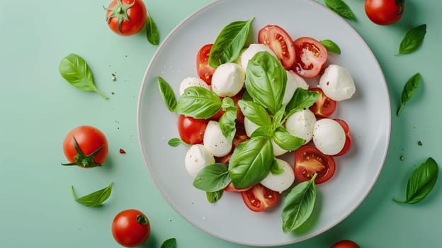 A vibrant salad featuring fresh mozzarella balls, juicy halved cherry tomatoes, and fragrant basil leaves is beautifully arranged on a light green surface. The colorful ingredients create an inviting and refreshing dish, perfect for a summer meal or appetizer.