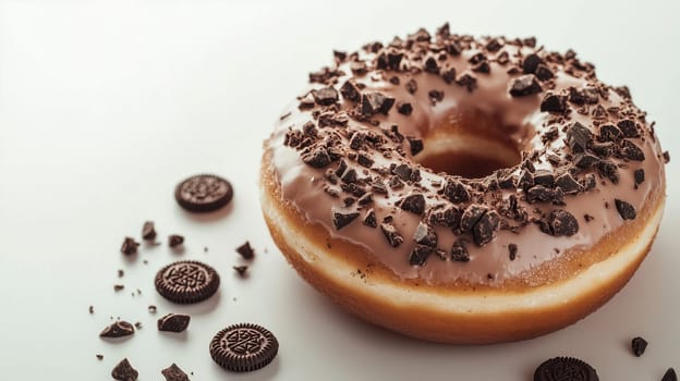 A decadent chocolate donut sits against a white backdrop, adorned with crushed cookie pieces and surrounded by mini cookies, evoking a sweet, inviting atmosphere in a cafe.
