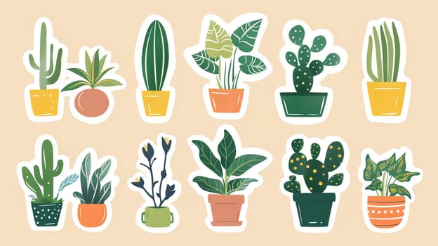 This collection showcases an assortment of illustrated indoor plants in decorative pots. Various species such as cacti, succulents, and leafy greens are depicted with vibrant colors and playful designs, perfect for adding a touch of greenery to any space.