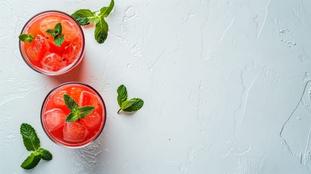 Two vibrant glasses filled with watermelon drinks sit on a textured light surface. Each glass is adorned with fresh mint leaves and ice cubes, creating a refreshing look. The setup is perfect for a warm day, inviting relaxation and enjoyment.