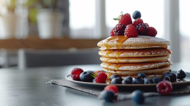 A beautifully arranged stack of fluffy pancakes sits elegantly on a plate. It is adorned with a variety of fresh berries, including raspberries, blueberries, and strawberries, while rich maple syrup drizzles down the sides. Sunlight streams through nearby windows, enhancing the inviting morning atmosphere.