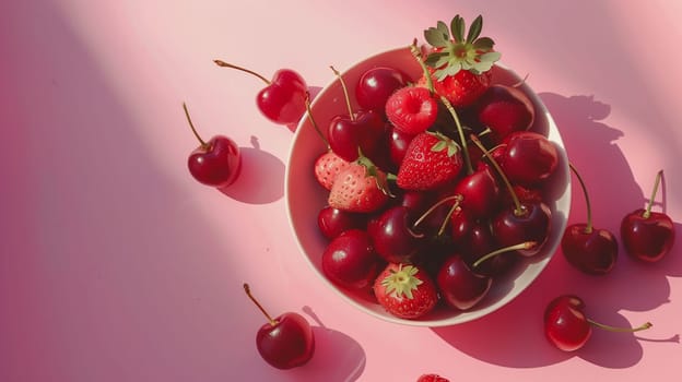 A bowl filled with vibrant strawberries, cherries, and raspberries is placed on a light pink surface. Some berries are scattered around the bowl, creating a colorful display that highlights their freshness and appeal.
