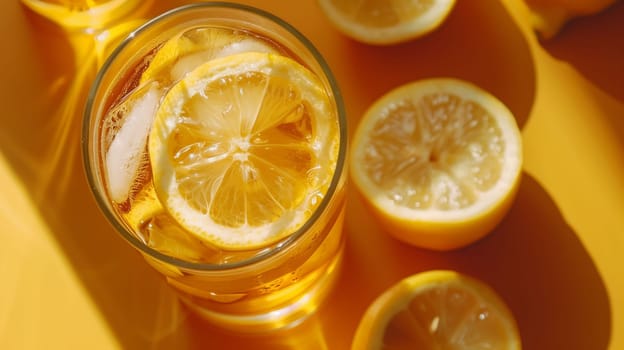 A glass filled with iced lemonade sits prominently, showcasing vibrant lemon slices atop the refreshing drink. Surrounding the glass, halved lemons are arranged decoratively on a bright yellow surface, creating a cheerful summer atmosphere.
